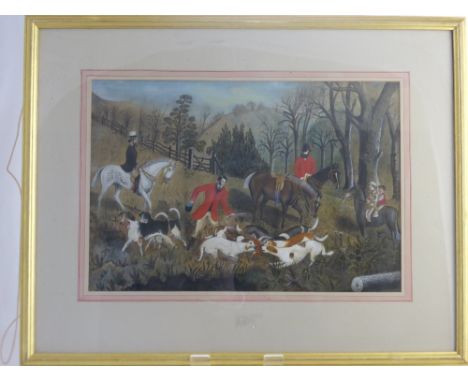 19th Century English School Watercolour, a naive work depicting fox hunting, presented in a gilt glazed frame, (Ruskin Galler