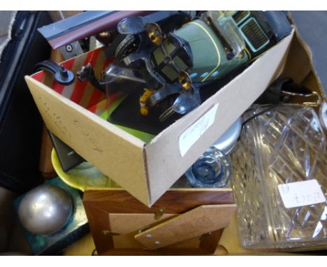 A Box containing miscellaneous items to include: A tin plate model clockwork car (no key) a metal model of a Viking long ship