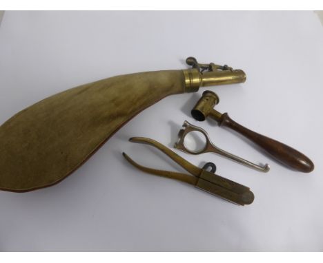 A Suede Shot Pouch, unmarked with brass screw top together with accessories relating to vintage firearm, including a brass sh