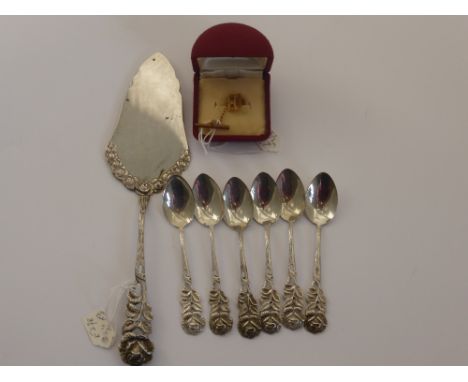 A Set of Six 800 Stamp Silver Coffee Spoons, together with cake slice, 9 ct Xerox Tie Pin. 