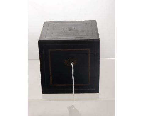 An Antique Mahogany Inlaid French Tea Caddy together with six silver plated salts, tea cake knife & fork, pickle fork and a j