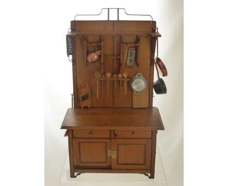 A Vintage Continental, possibly German, miniature pine dresser with aluminium, copper and brass cooking utensils etc, possibl