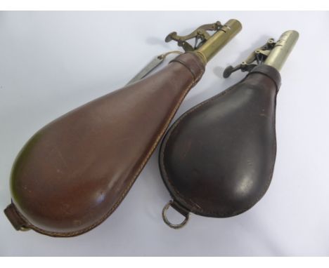 Two Antique Leather Gun Powder Flasks, with stitched leather, the first marked Dixon & Sons and the other marked  K. Steggles