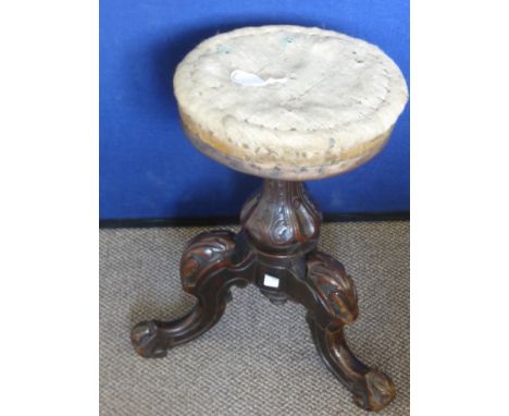 Victorian Wind Up Piano Stool, by a carved column and three feet, in need of re-upholstery.