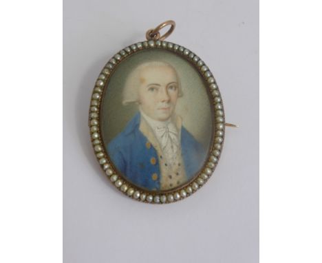 A Circa 18th Century Portrait Miniature Pendant Brooch, depicting a learned gentleman, mounted in a gold and seed pearl frame