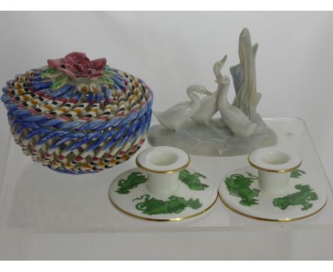 A Collection of Miscellaneous Porcelain, including two Wedgwood "Chinese Tiger" candle sticks, two porcelain lattice work lid