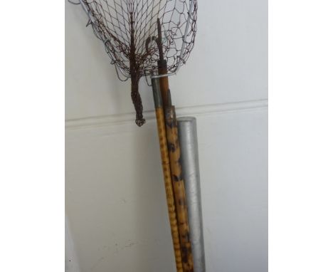 A Vintage Fishing Wading Pole, Net, gaff and aluminium fly case (4).
