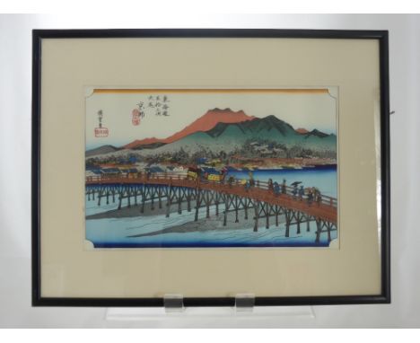 Hiroshige Ando 1797 - 1858 Japanese, A Woodblock Print, from the 100 Famous Views of Endo series, "Summer Bridge", with the J