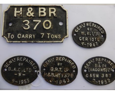 A Miscellaneous Collection of Five Oval Steam Engine Plaques, including Repaired by G.R.T. Limited, H & B.Y. 1579 S-1950, B,A
