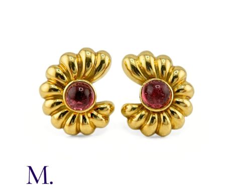 The 18ct yellow gold earclips are each set with a cabochon pink tourmaline and are marked Christoffel and for 18ct gold.Weigh