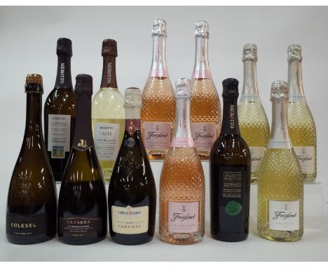 12 BOTTLES ITALIAN SPARKLING WINEColesel Cartizze Dry 2019; La Farra Valdobbiadene Extra Dry 2019; Carpene Malvolti 1868 Cart