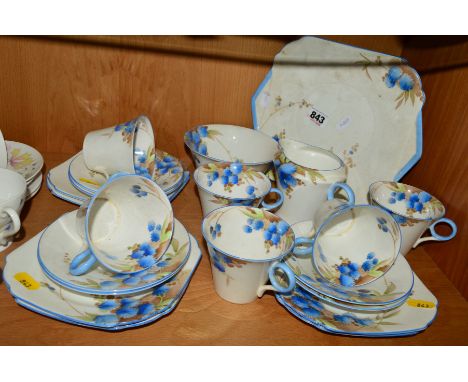 SHELLEY 'ACACIA' TEASET, Regent shape, No 12255/B, Turkish blue finish, comprising cake plate, milk jug (hairline to base), s