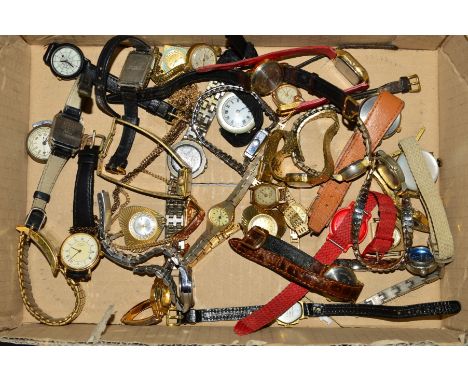 A BOX CONTAINING A COLLECTION OF WRISTWATCHES, to include names such as Lorus, Pulsar, Sekona, Timex and Smiths
