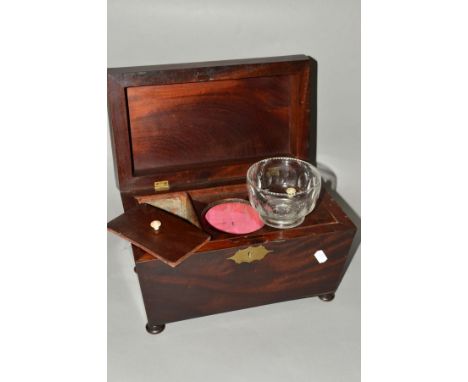 A MAHOGANY SARCOPHAGUS SHAPED TEA CADDY, signs of restoration, glass mixing bowl not original, damage to exterior 