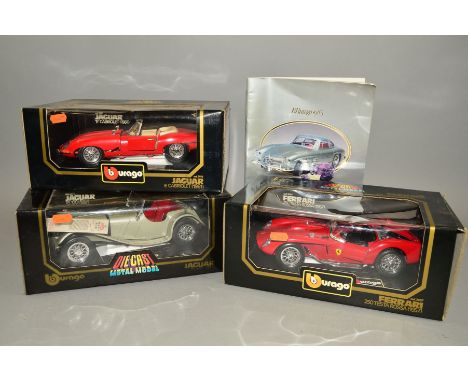 THREE BOXED BURAGO SPORTSCAR MODELS, all 1/18 scale, Ferrari 250 Testa Rossa (1957), No.3007, Jaguar SS100 (1937), No.3006 an