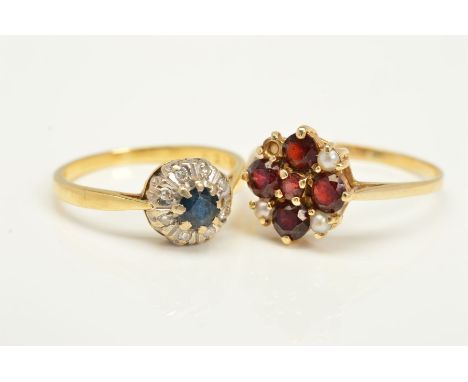 TWO GEM SET RINGS, the first a garnet cluster with outer split pearl detail, one split pearl missing, ring size P1/2, the sec