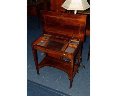 AN EDWARDIAN ROSEWOOD AND SATINWOOD STRUNG LADIES WRITING DESK, the hinged top and fall front revealing a writing slope with 