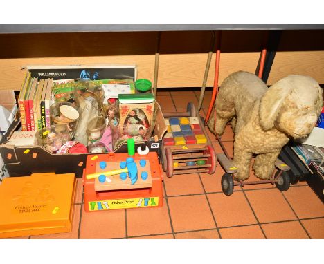 A BOX AND LOOSE TOYS, COLLECTORS DOLLS, ANNUALS ETC, to include a Triang push-along dog (well loved), Fisher-Price tool kit, 