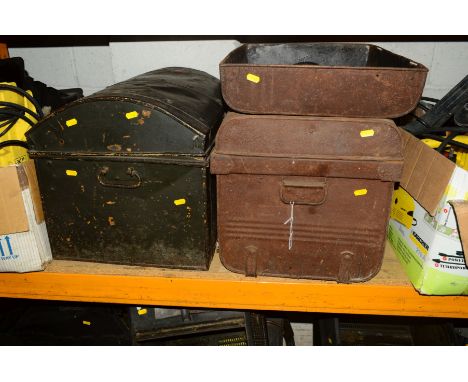 A VINTAGE TIN DOMED TRUNK together with another tin trunk and spare top (3)