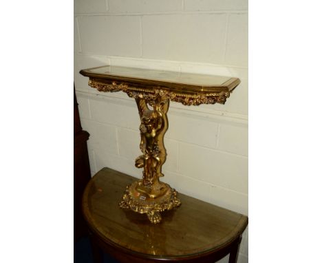 A REPRODUCTION GILTWOOD CONSOLE TABLE, with foliate decoration and a standing putti, width 80cm x depth 27cm x height 75cm