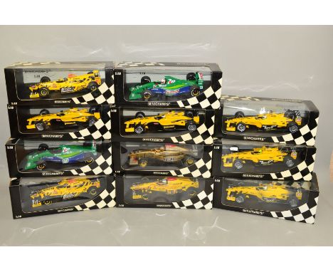 A QUANTITY OF BOXED MINICHAMPS DIECAST 1/18 SCALE JORDAN FORMULA 1 RACING CARS, assorted models, years and drivers, to includ