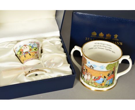 BOXED HALYCON DAYS 'HUMPTY DUMPTY' LOVING CUP, together with boxed matching egg cup and mother of pearl spoon (2)