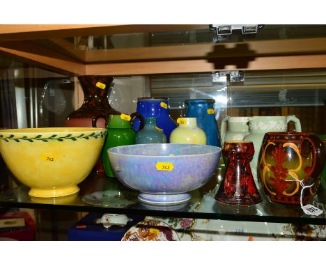 A GROUP OF STUDIO POTTERY VASES AND BOWLS, to include two Ruskin pottery bowls, one a yellow footed egg shell bowl with a rep