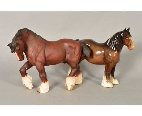 TWO BESWICK BROWN SHIRE HORSES, No818, gloss and large action Shire No2578, matt (2)