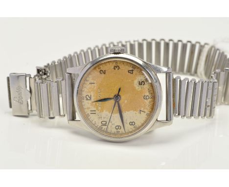 A MID 20TH CENTURY LONGINES MECHANICAL WRISTWATCH, deteriorated Arabic numeral dial, manual wind movement, approximate 34mm s