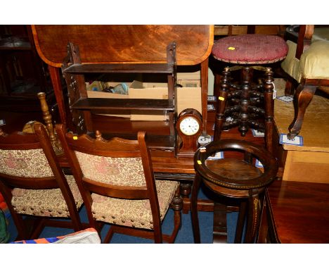 A VICTORIAN MAHOGANY OAK SWIVEL TOP PIANO STOOL together with two oak child's chairs, Victorian chair, an Edwardian mahogony 