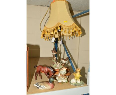 A FLORENCE ITALY TABLE LAMP, the base depicting two birds on tree stump and foliage, with a shade, approximate height 40cm to