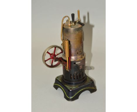 A BING VERTICAL SINGLE CYLINDER LIVE STEAM ENGINE, not tested, vertical boiler driving flywheel, complete with burner tray, p