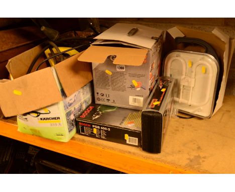 A KARCHER PRESSURE WASH WITH ACCESSORIES, Dirt Devil steam gun, boxed Bosch drill, Challenge cordless screwdriver kit and a B