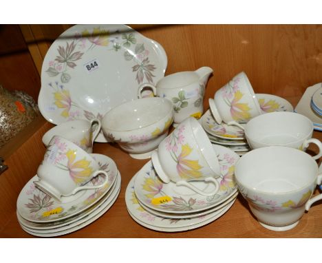 SHELLEY 'COLUMBINE' TEASET, No 13922, comprising cake plate, milk jug (hairline), sugar bowl, six cups, six saucers and six s