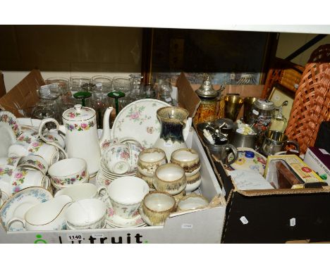 THREE BOXES OF CERAMICS AND GLASSWARE, including Minton 'Birds of Paradise' part tea service, Royal Stafford coffee service, 