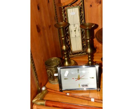 A PAICO ART DECO STYLE WALL CLOCK OF BRASS CONSTRUCTION WITH ARABIC NUMERALS AT THE QUARTER HOUR, approximate height 40cm, to