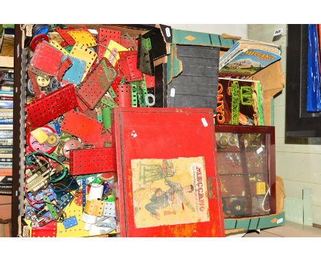 TWO BOXES OF VINTAGE MECCANO PARTS ETC, to include pullys, spanners, motors and magazines etc