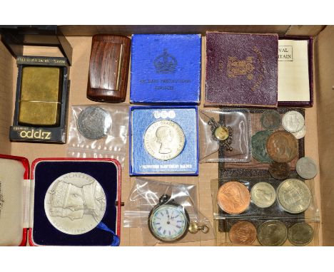 A BOX OF COMMEMORATIVE COINS, to include a 1824 George III halfcrown, 1953 coin set, Festival 1951 crown, George V medal in b