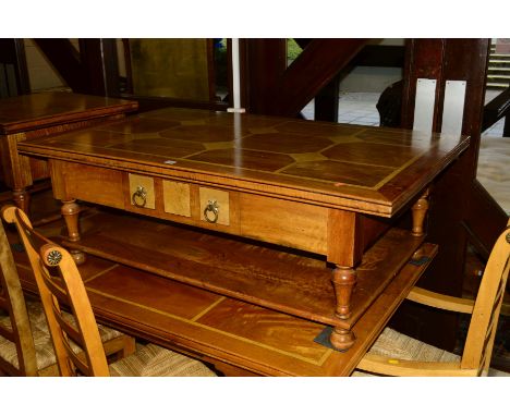 A BARKER AND STONEHOUSE FLAGSTONE MANGO WOOD RECTANGULAR COFFEE TABLE with a single drawer to each side, width 131cm x depth 