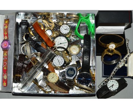 A BOX CONTAINING A SELECTION OF WRISTWATCHES, a Smiths pocket watch and a small collection of costume jewellery, to include w