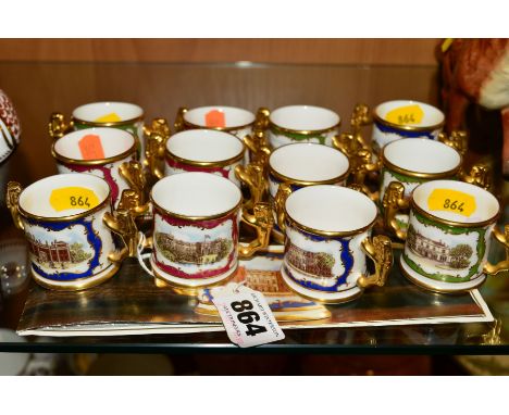 A SET OF TWELVE PARAGON MINIATURE LOVING CUPS, commemorating Royal Birthplaces, height 4cm, width certificates and leaflet