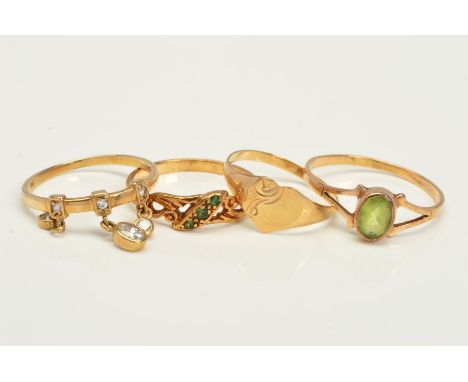 FOUR RINGS, the first a small heart shape signet ring, stamped 9ct, the second with a central oval peridot in a collet settin
