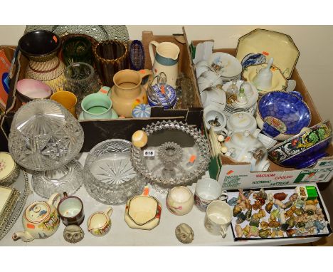 TWO BOXES AND LOOSE CERAMICS AND GLASS ETC to include a collection of Wade whimsies, cut glass lamp (minus fittings), cut gla