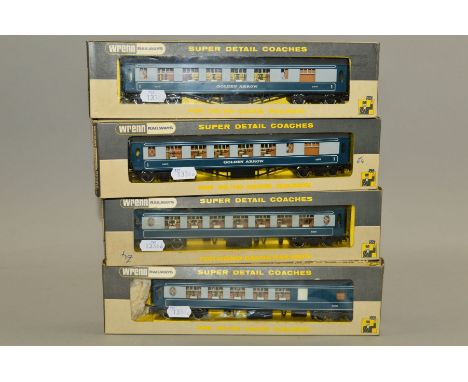 FOUR BOXED WRENN RAILWAYS OO GAUGE PULLMAN COACHES, blue and grey livery, 2 x Golden Arrow 1st S301S (W6005) one in incorrect
