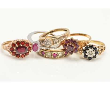 SIX 9CT GOLD GEM SET RINGS, to include a ruby and diamond cluster ring, ruby assessed as glass filled, a sapphire and diamond