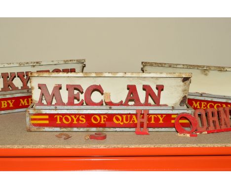 THREE DISTRESSED MECCANO LTD ILLUMINATED SHOP DISPLAY SIGNS, all c.1950's metal framed signs with wooden letters, grey illumi