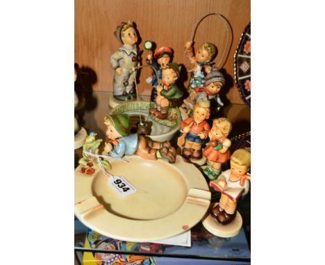 NINE HUMMEL FIGURES/TRINKETS to include 'Boy with Bird' ashtray HUM166 (chips to side and bird tail broken), 'Carnival' HUM32