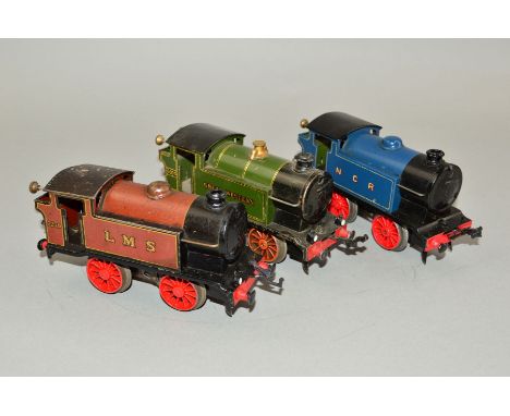 THREE UNBOXED HORNBY O GAUGE CLOCKWORK M3 TANK LOCOMOTIVES, No.6600, G.W.R. green livery, No.2270, L.M.S. (faded) maroon live