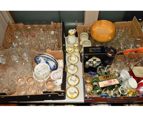 FOUR BOXES AND LOOSE CERAMICS, GLASS, BREWERY RELATED ITEMS etc, to include Tuscan china 'Plant' coffee set (15), Royal Alber
