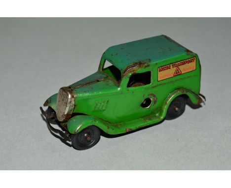 A TRI-ANG MINIC FORD LIGHT VAN, No.2M, in green with Minic Transport decals, plastic wheels, some paint loss, wear and paintw